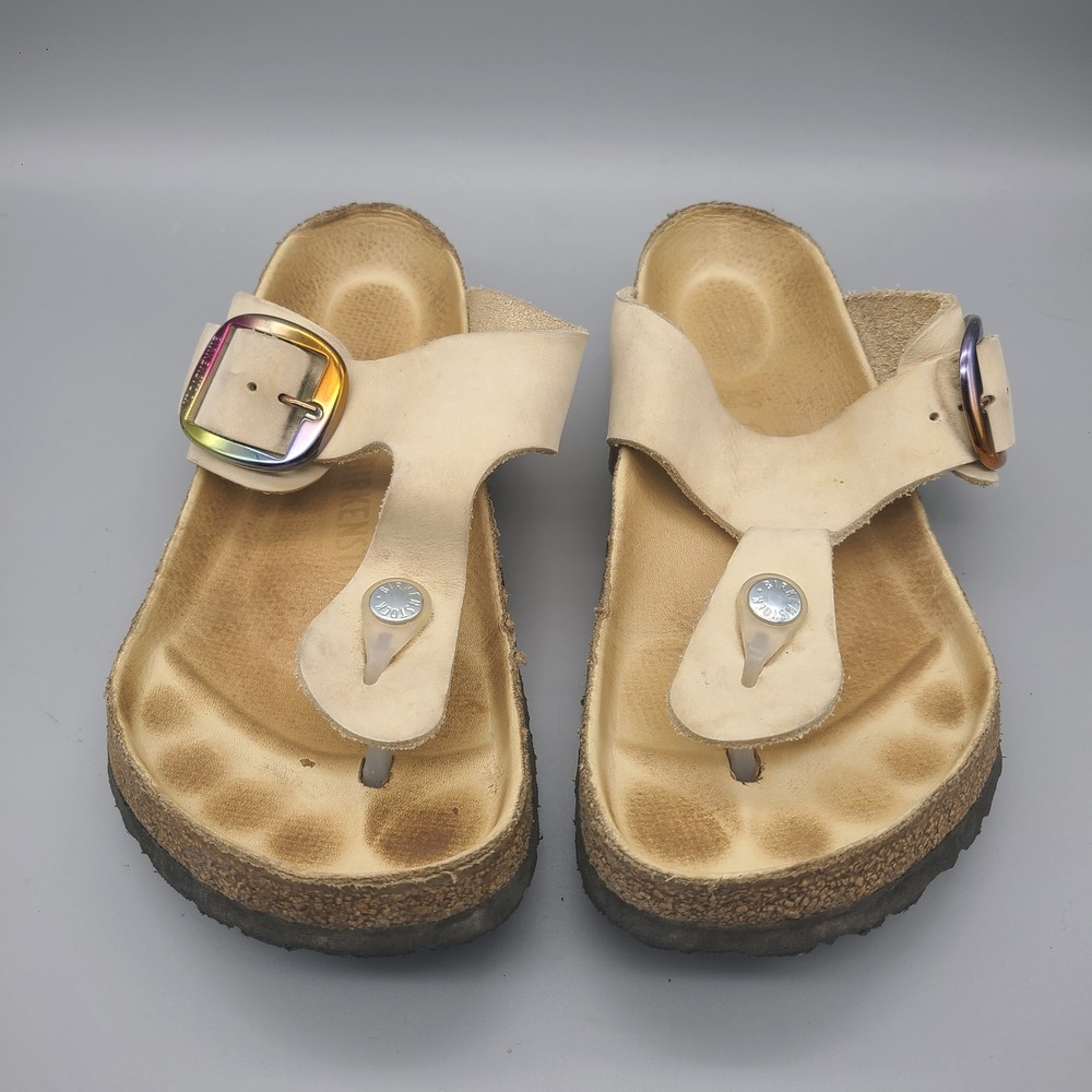 Birkenstock Gizeh Big Buckle Cream Leather Sandals Iridescent Oil Slick 38